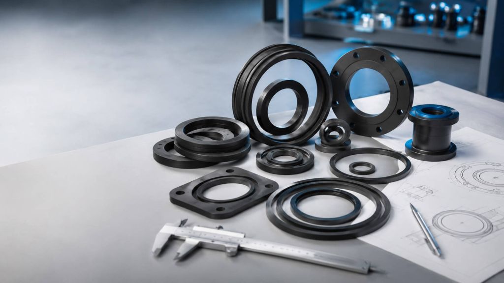 Custom rubber gaskets with technical drawing and measuring tools