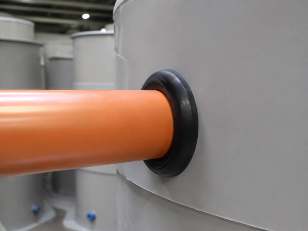 Rubber wall penetration seal installed in a plastic tank