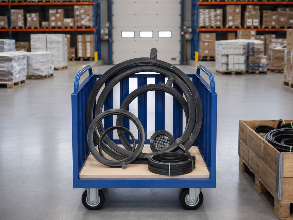 Industrial rubber flange gaskets in multiple sizes on a warehouse trolley