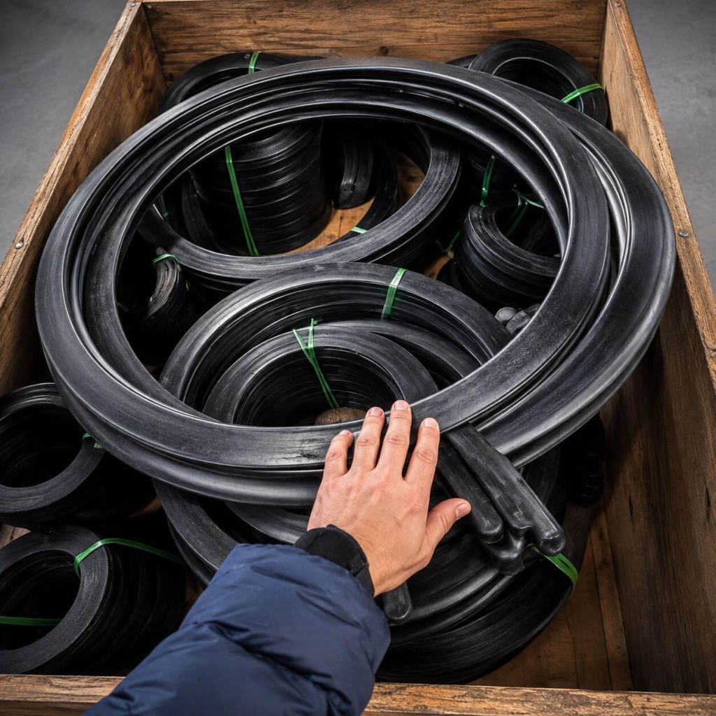 Various sizes of vulcanized rubber seals in a box.